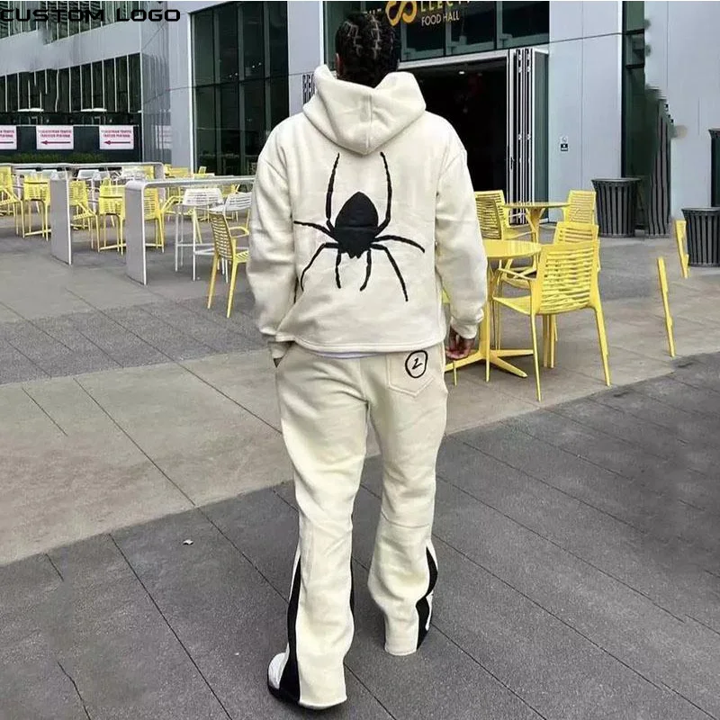 OEM Cotton Print Cut Raw Hem Edge Hoodie Patchwork Pant Men Tracksuit Heavyweight Stacked Flared Mens Two Pieces Jogger Sets