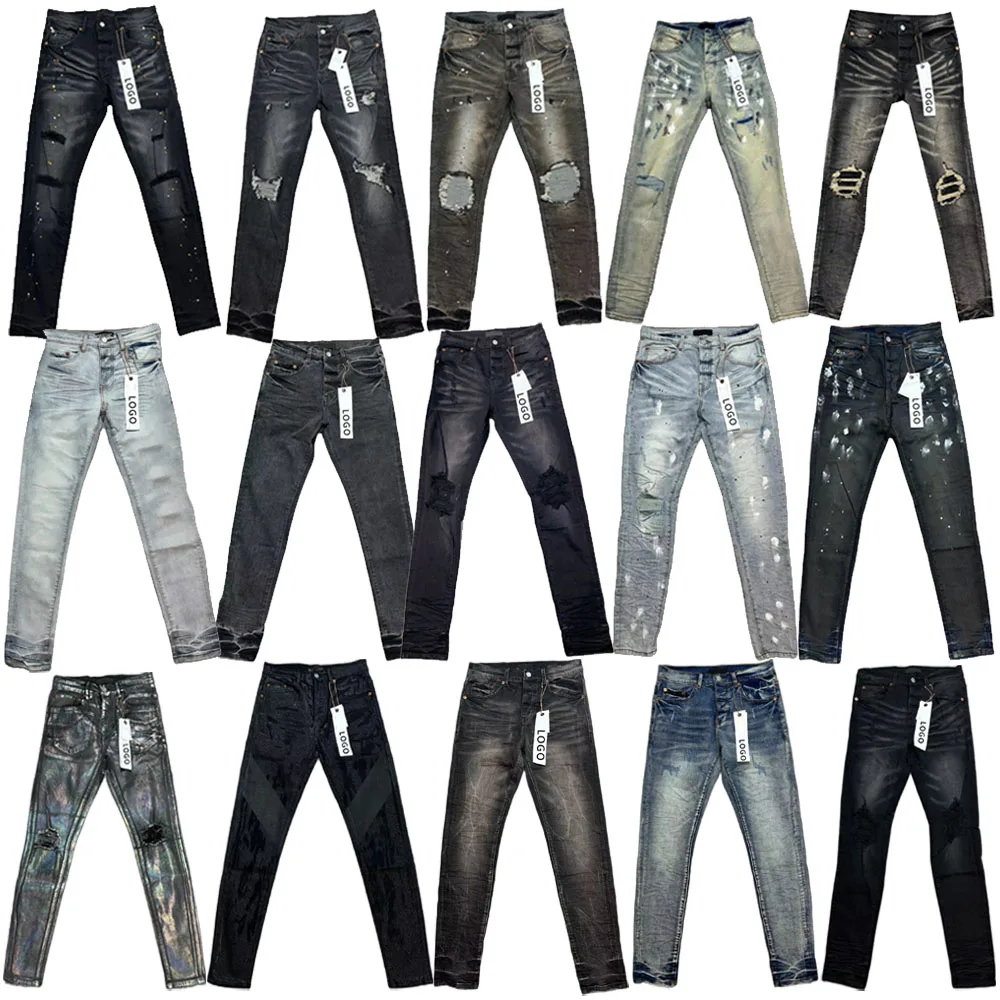 OEM black Jeans  Designer Customized Logo Fashion Street pants Mens Letter Stretch Jeans