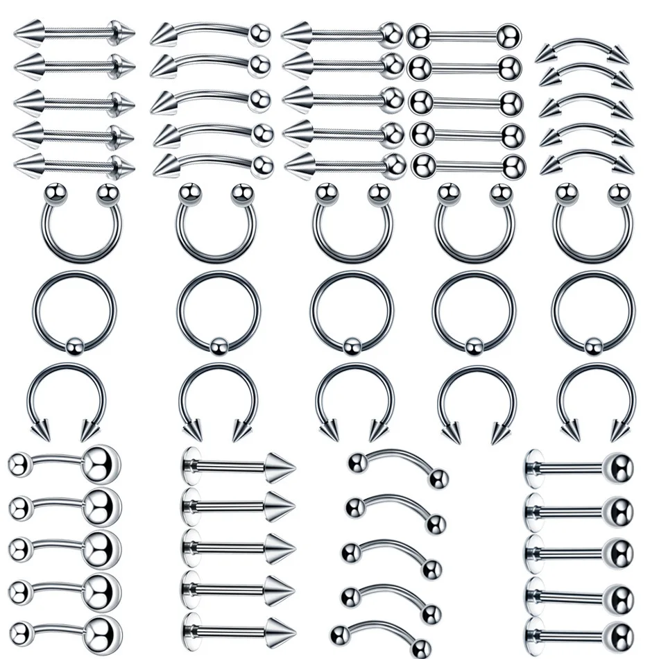 YW 60pcs /set Stainless Steel Silver Color Body Piercing Nose Eyebrow Lip Navel Classic Body Piercing Set Piercing Jewelry