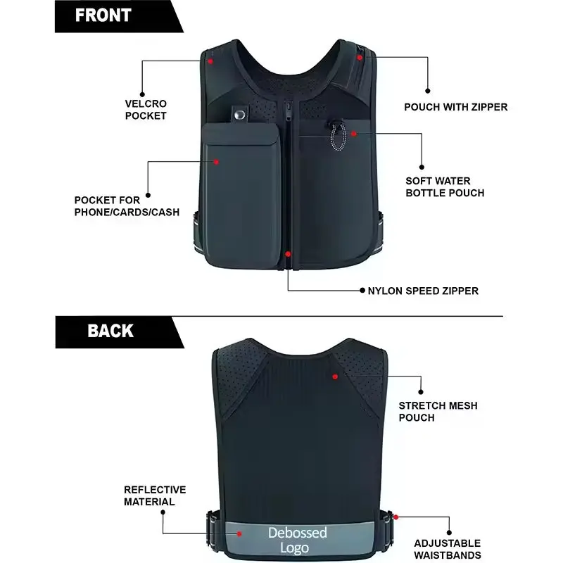 Custom breathable Waterproof Reflective Hydration backpack Bottle Chest Pack Phone Holder Running Vest Hydration Running Vest