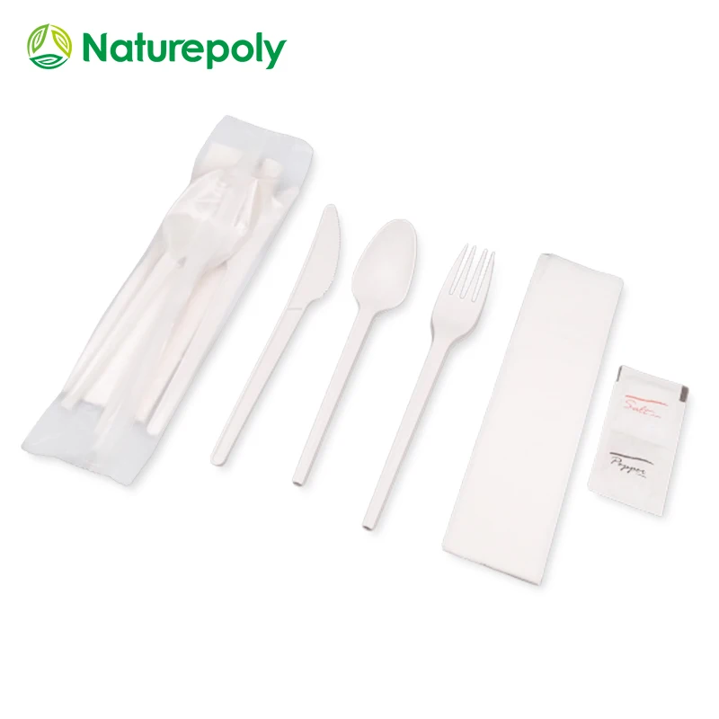Wholesales Customized Print Logo Disposable Biodegradable PLA Cutlery Set with Knife Spoon Fork Napkin Toothpick Chopsticks
