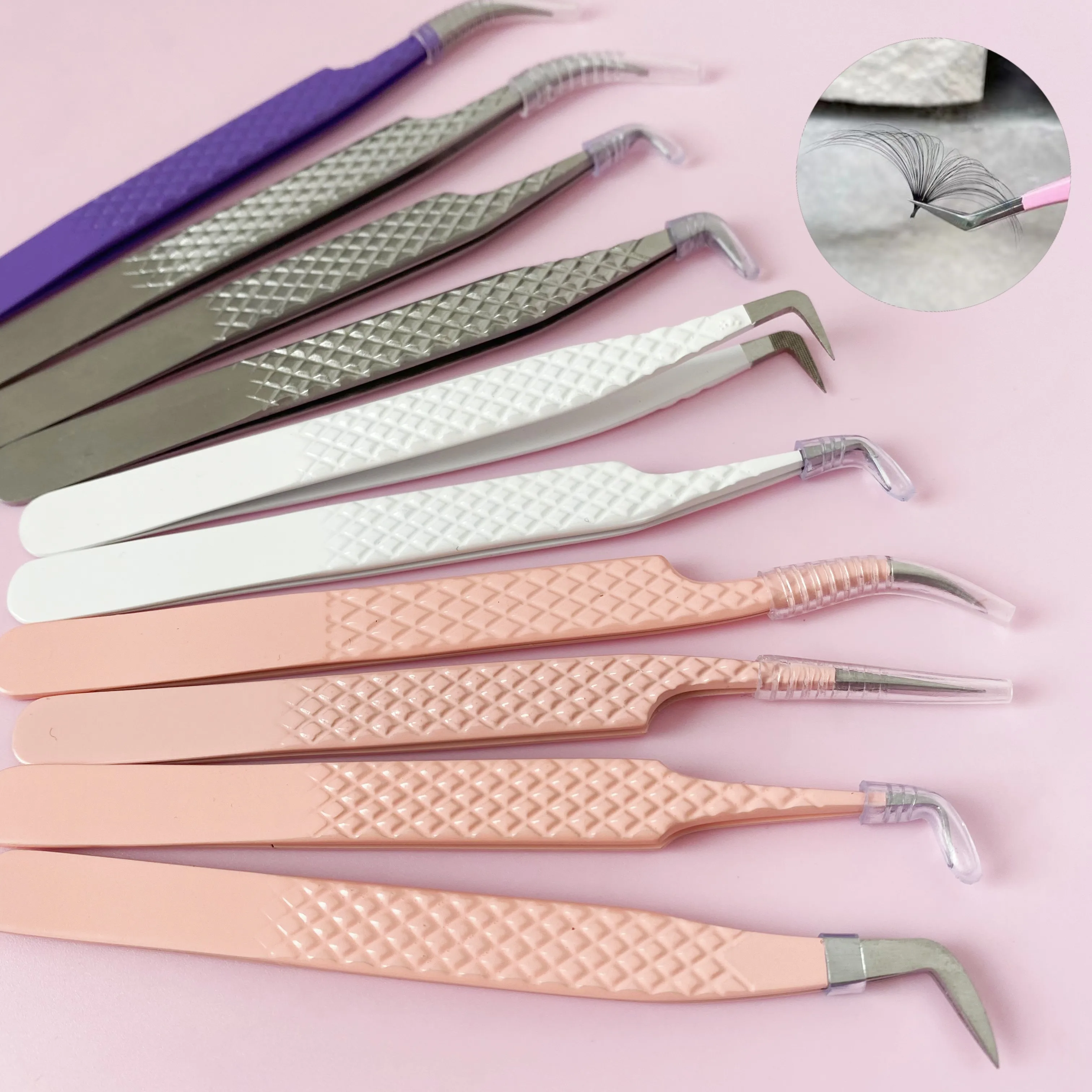 Private Label Japanese Stainless Steel Fiber Tip Tweezers With Ruler At The End Eyelash Tweezers Set For Lash 90 Degree Tweezers