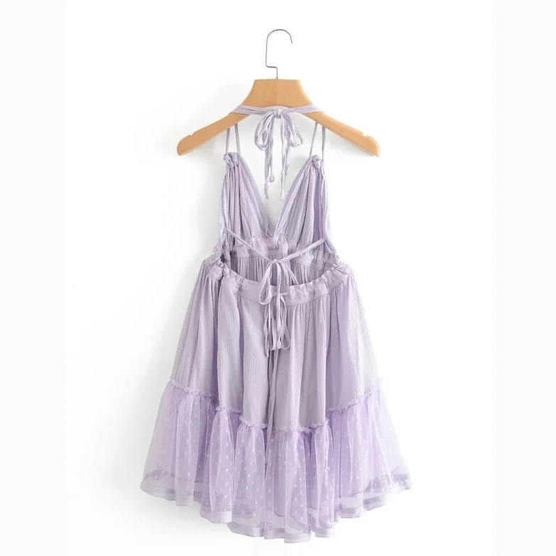 2021 New Arrival Dobby Mesh Self-Tie Ruffled Halter Dress  Scandi Boho Style Lady Party Dresses