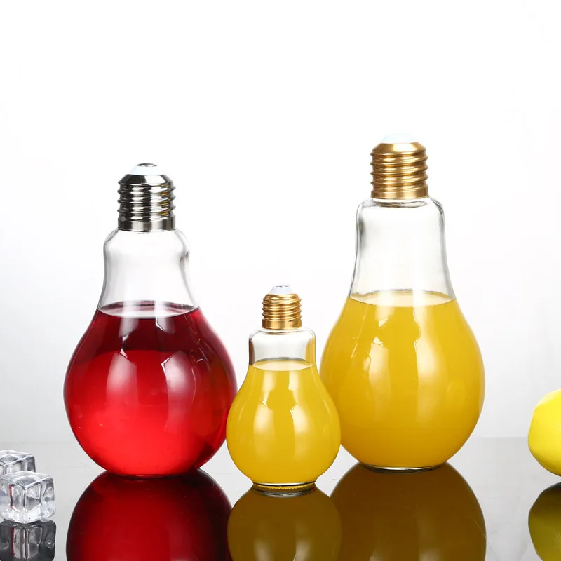 150ml 200ml 250ml 300ml 350ml 400/500ml 800ml Glass Beverage Fruit Juice Light Lamp Bulb Shape Bottle with Cap for Beverage milk