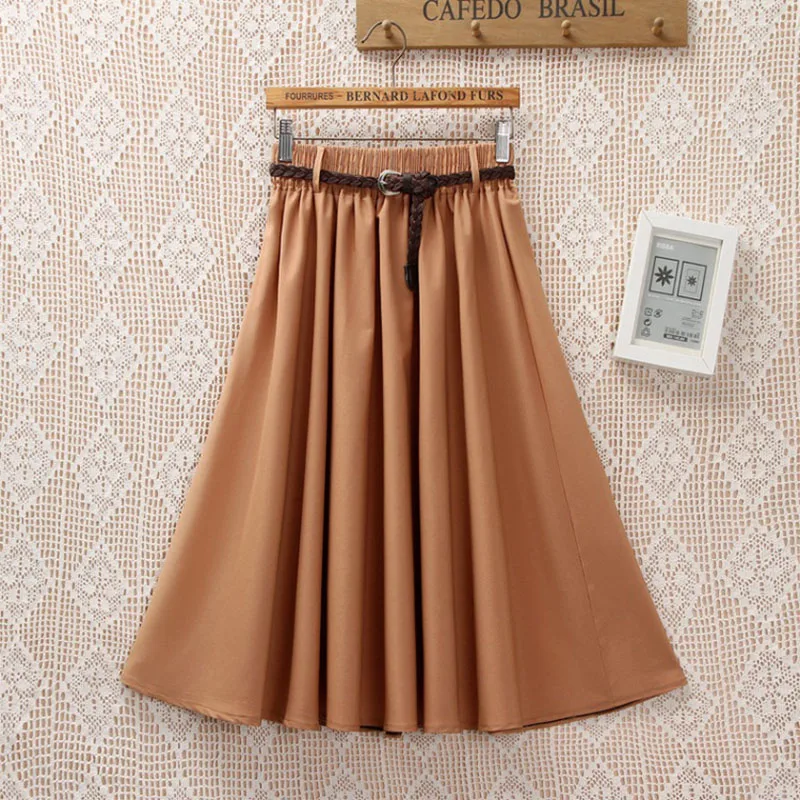 Y308037 Summer Skirt Casual A-line Solid with Belt Mid-length Fashion Elegant Chic Girls Midi Skirts