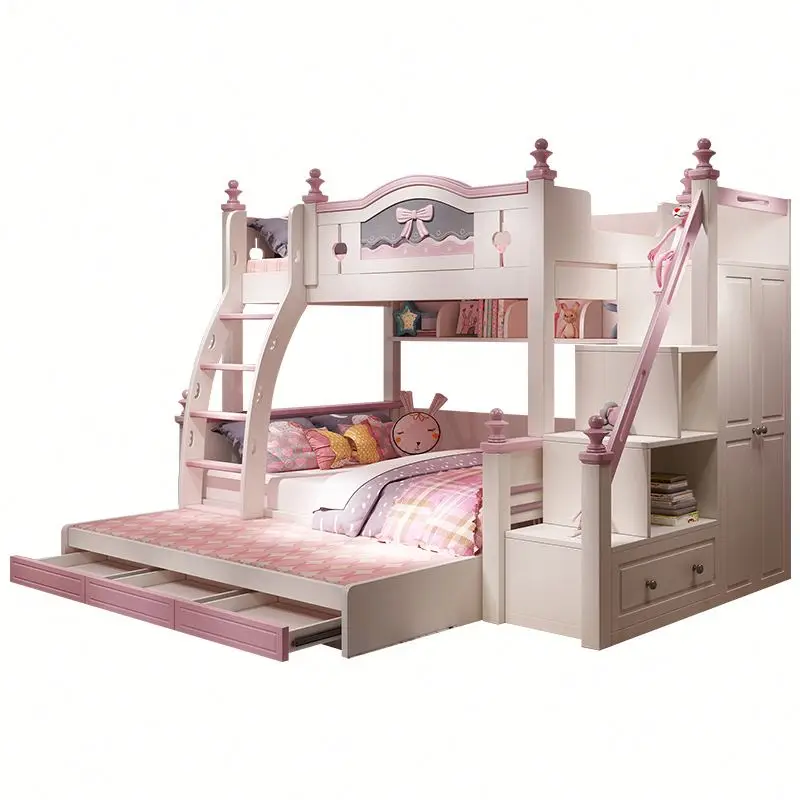 Современная простая многофункциональная двухъярусная кровать принцессы из массива дерева детская с