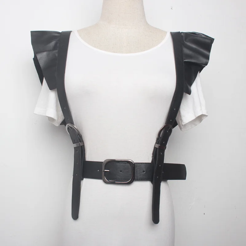Hong Kong Style Black Lotus Leaf Lace PU Leather Double Shoulder Wide Party Suspenders Belts Female and Male
