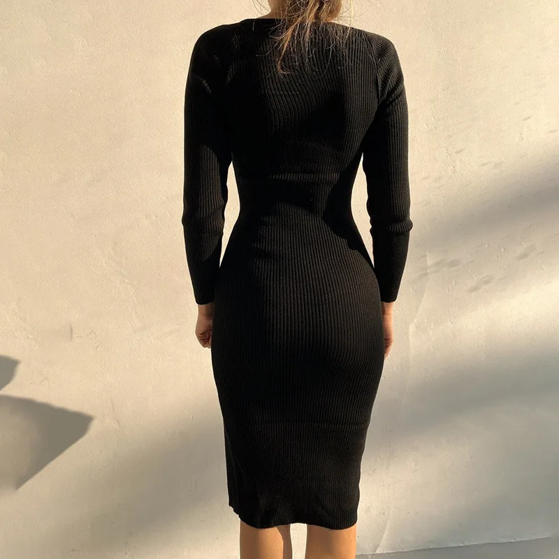 2022 autumn casual evening party sexy custom solid color bodycon long sleeve square neck ribbed knit sweater womens dresses