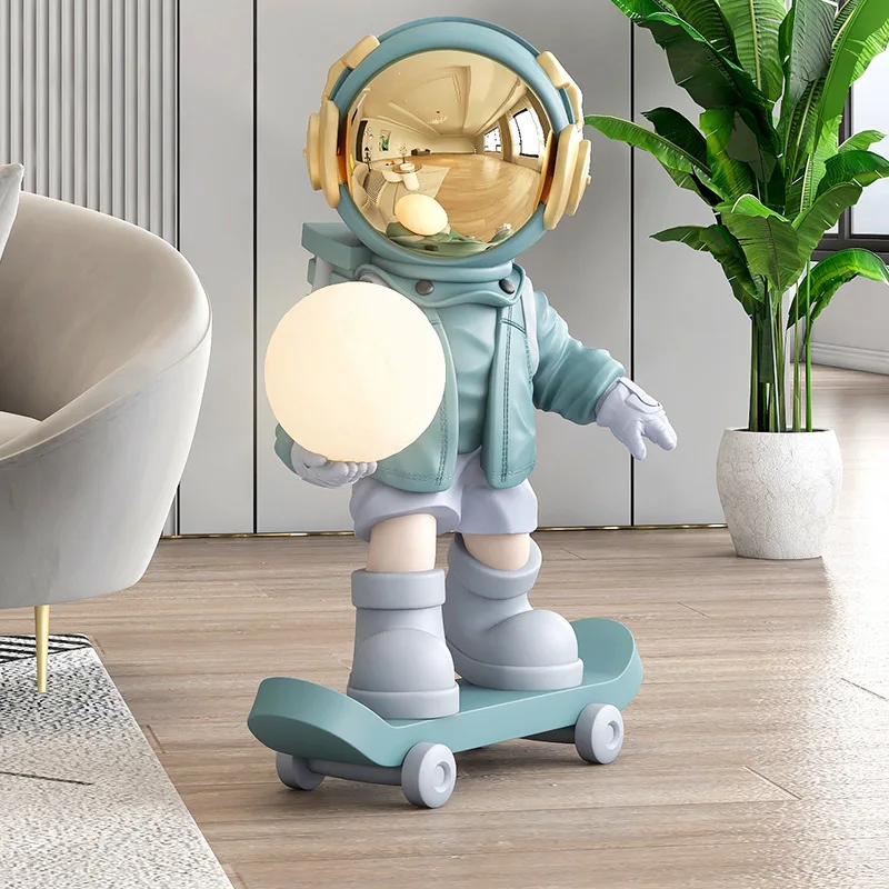 Resin Crafts Ornaments Skateboard Astronaut Figure With Night Light Statue Sculpture for Gift Home Room Decoration