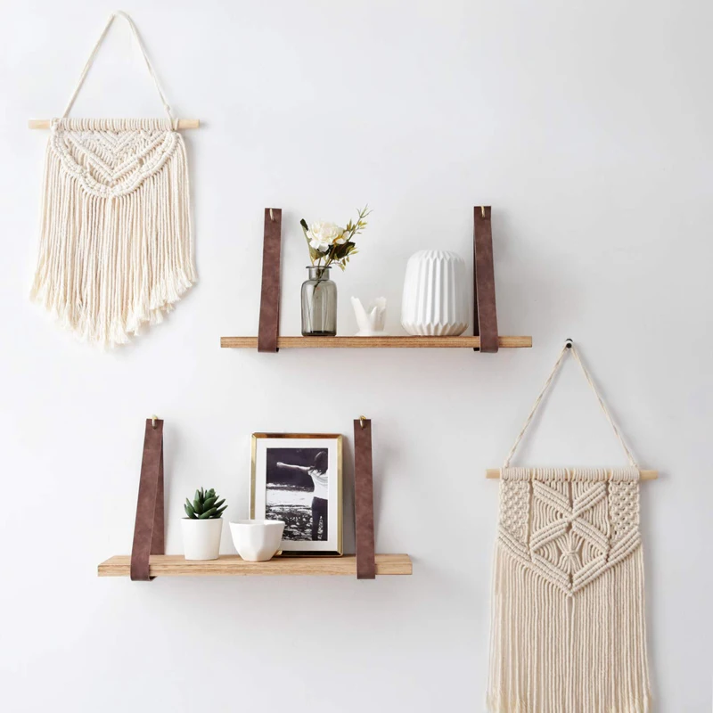 Leather Strap Swing Organizer Wall Wood Floating Storage Shelves