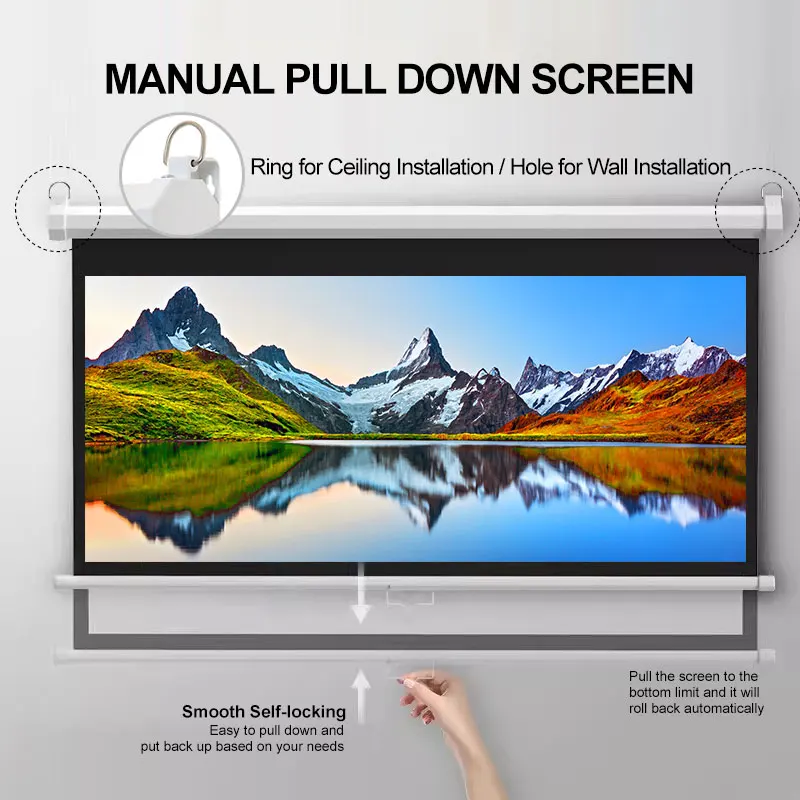 Manual Pull Down Projector Screen 72' Roll-Down Pull-Down Retractable 4:3 Manual Projection Screen Auto-Locking Black Border