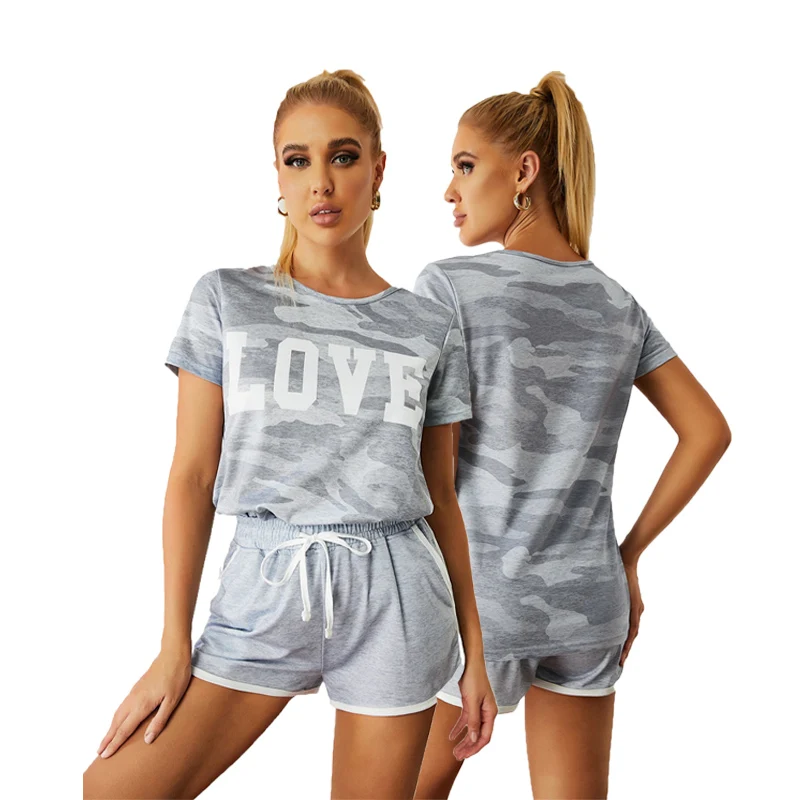  Wholesale Custom High Quality Women T Shirt and Shorts Gray Camo Letter Print Short Set