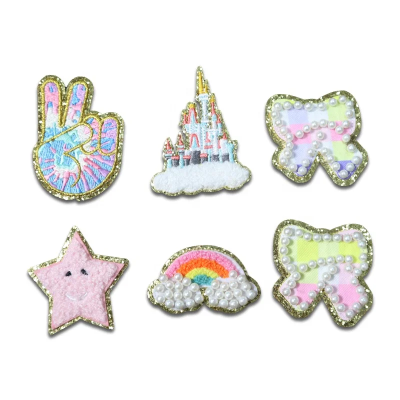 March Expo Hot Selling Custom Embroidery Pearl Heart Patches ,Rainbow Chenille Patch Iron On