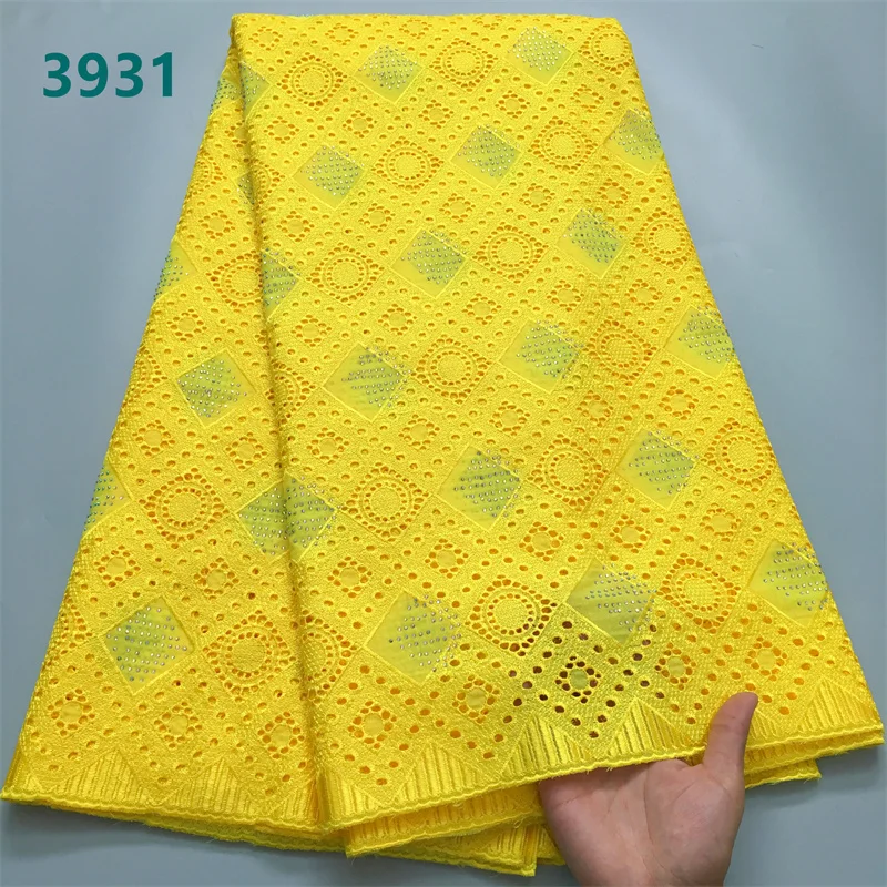 Luxury Pure Color African Cotton Lace Fabric with Crystals 2024 High Quality Swiss Voile Lace Fabric for Wedding Dresses 3931