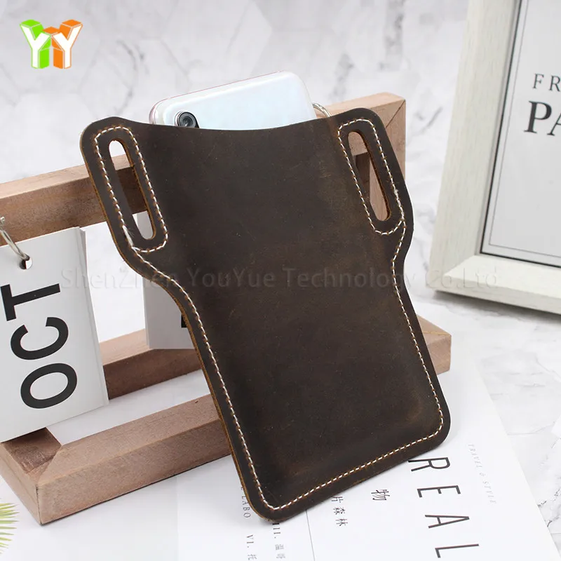 Genuine Leather Phone Pouch Mobile Phone Holster with Belt Loops Portable Phone Waist Bag