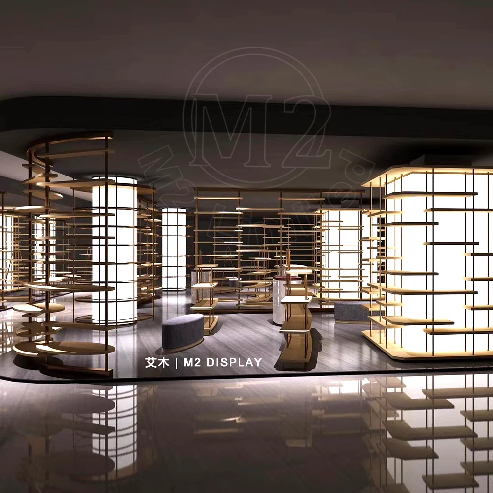High End Interior Design Gold Boutique Clothing Display Stand Shelf Cabinet Hand Bag Boutique Display Showcase Kiosk