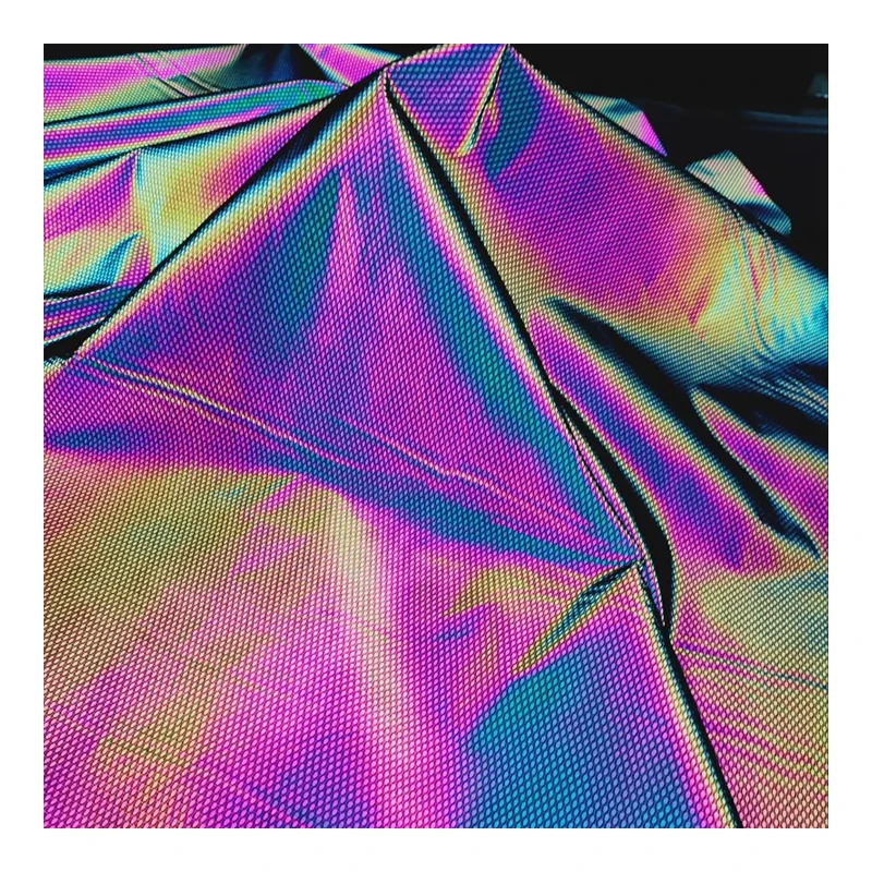 trendy hi viz waterproof iridescent rainbow color 100% polyester compound mesh retro light reflective fabric for jacket clothing