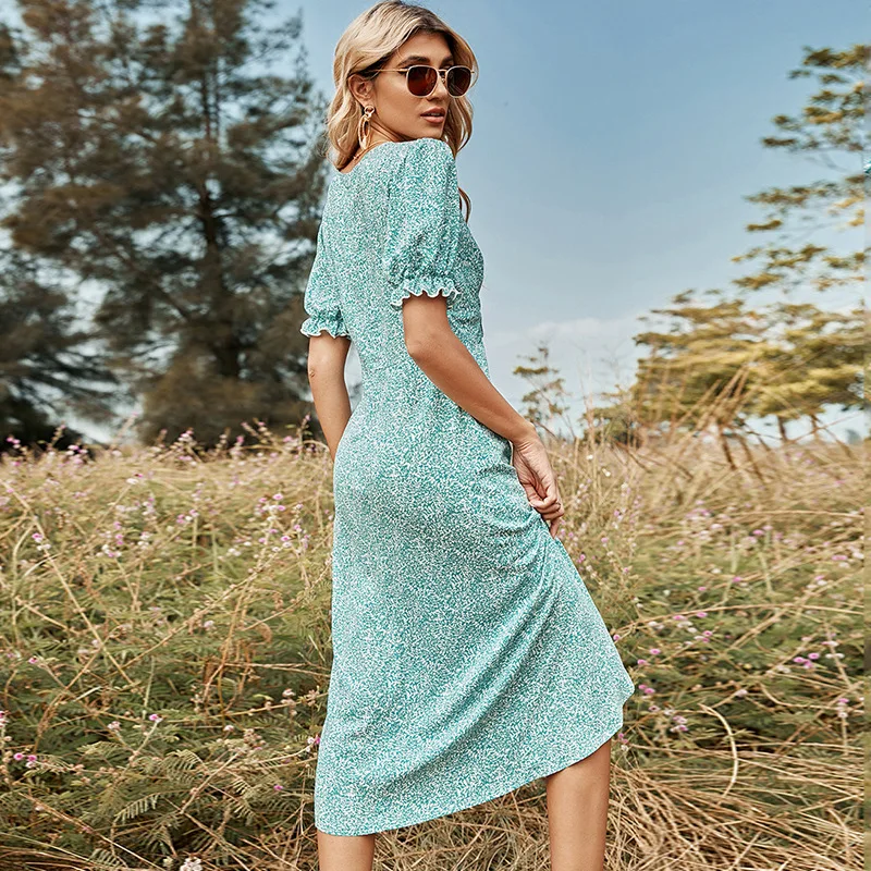 2022 New Arrival Green V-neck Low-cut Bowknot Short-sleeved Waist Closed Full-swing Dress Light Gauze Skirt