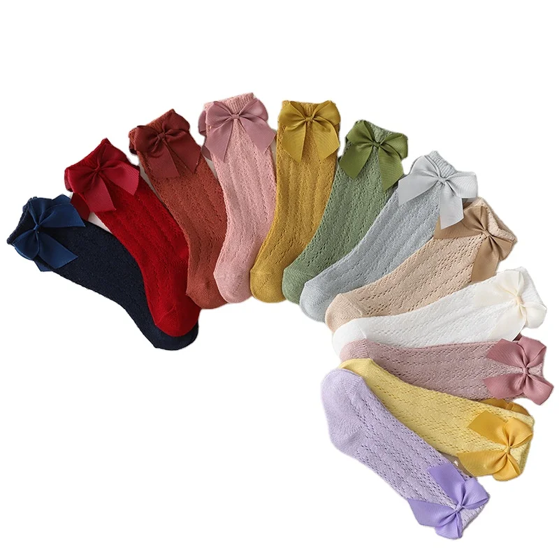 0-7 Years Candy Colors Summer Toddlers Baby Sock Soft Breathable Cotton Hollow Out Kids Girls Knee High Tube Mesh Socks With Bow