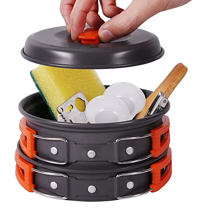 Camping Gear Campfire Utensils Non-Stick Cooking Equipment Lightweight Stackable Pot Pan with Storage Bag for Outdoor Hiking