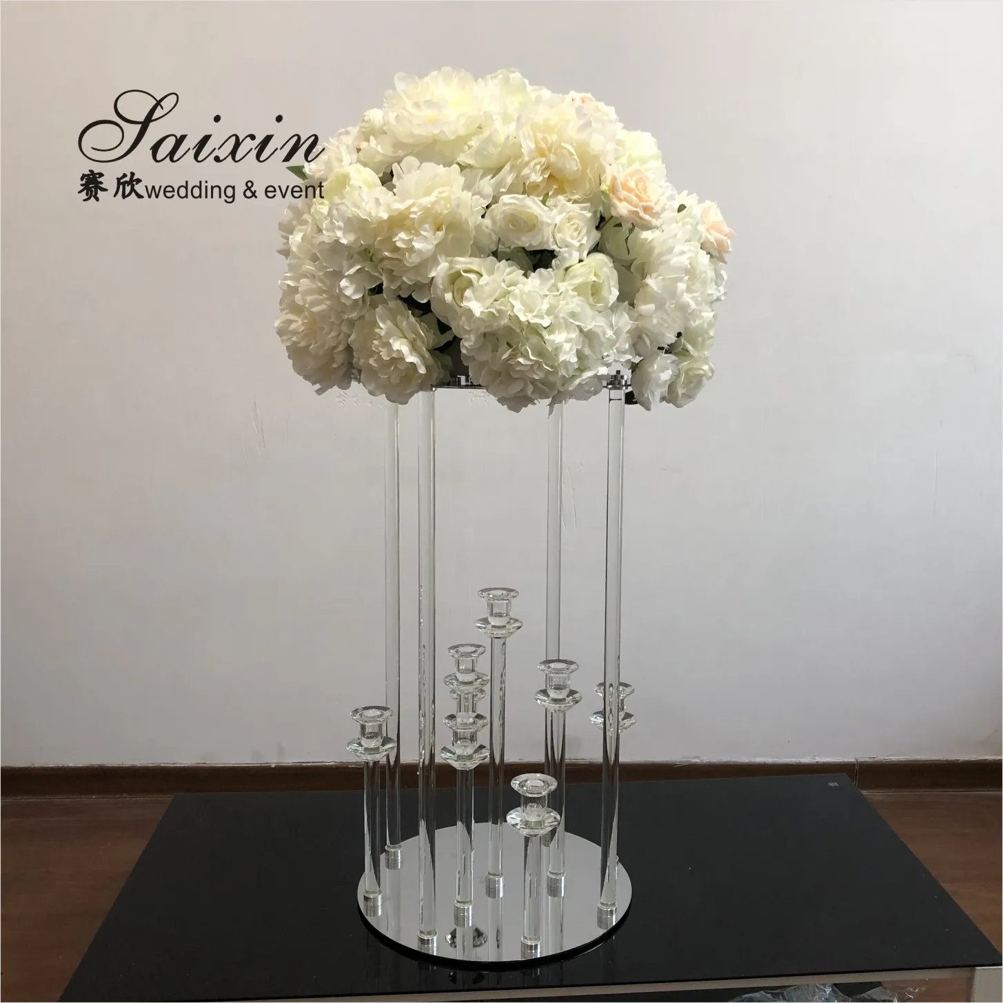ZT-528C glass tall etched Hurricane candlestick crystal double layer candle holders for large wedding