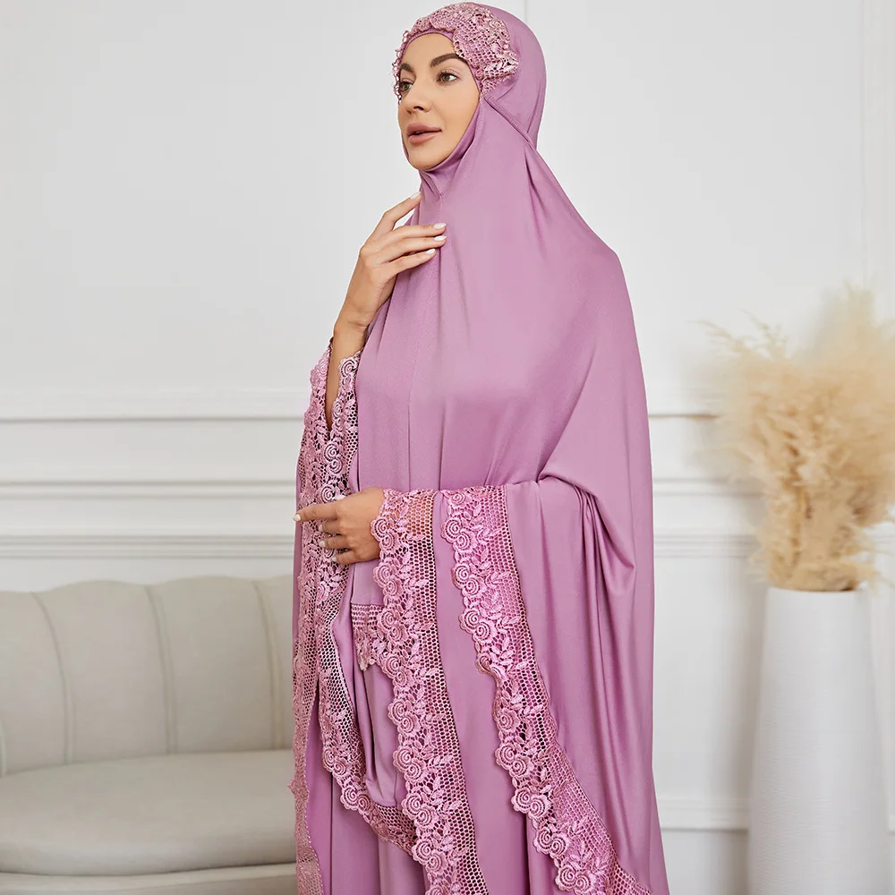 Pink Embroidery Lace Women Islamic Clothing Two-piece Dresses Women Muslim Elastic Waist Indonesia Traditional Muslim Clothing