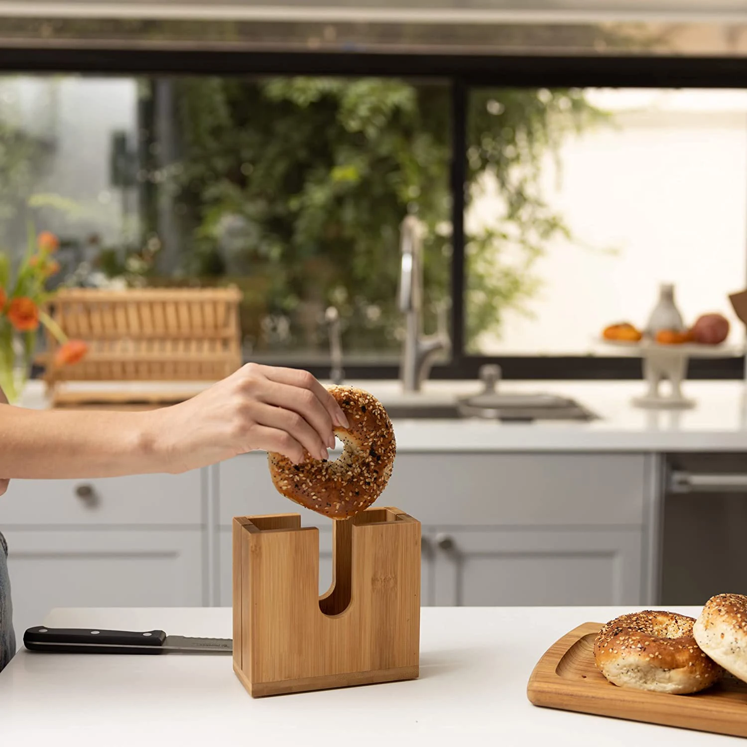 Bamboo Bagel Cutter Slicer Wooden Bagel Slicer Wood Bagel Slicer Holder for Small and Large