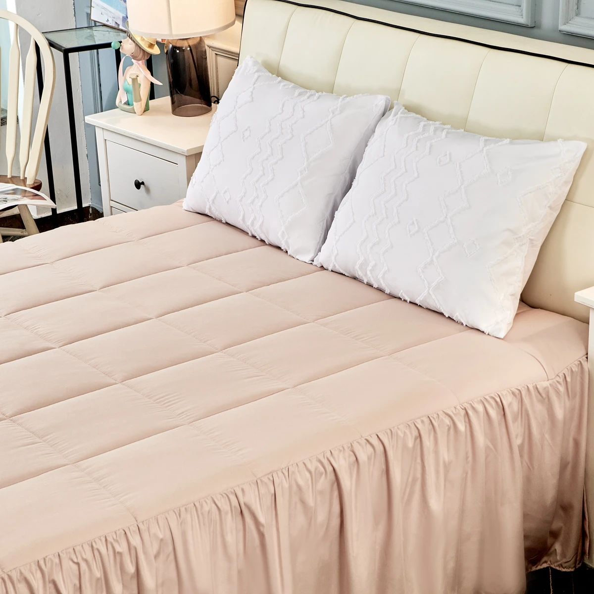 Diamond Quilted Microfiber Bedspread Ruffles Drop Fitted Sheet Bed Skirt Quilted Dust Ruffle Bed Skirt