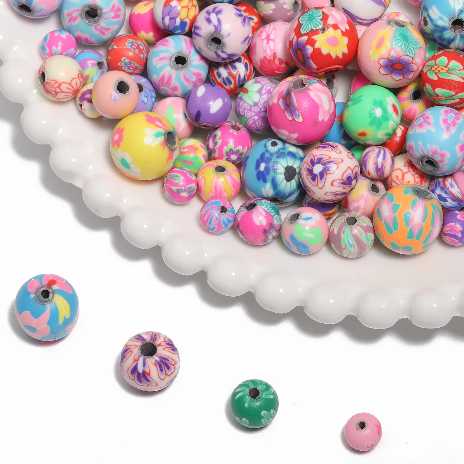 6/8/10/12mm Soft Ceramics Flower Pattern Printing Beads Multicolor Round Polymer Clay Beads Crafts Making DIY Crafts Accessories