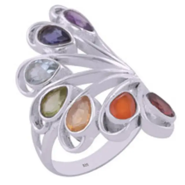 Gorgeous Chakra Gemstone Wings Pear Shape 925 Sterling Solid Silver Ring Eternity Vermeil Fine Rings