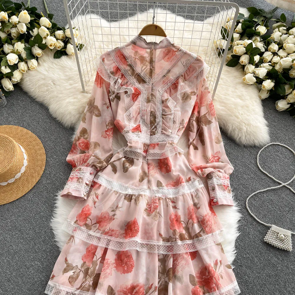 Wholesale Elegant Casual Dress Pleated Peplum Lace Printing Princess Dress Birthday Party Floral Womens Dresses