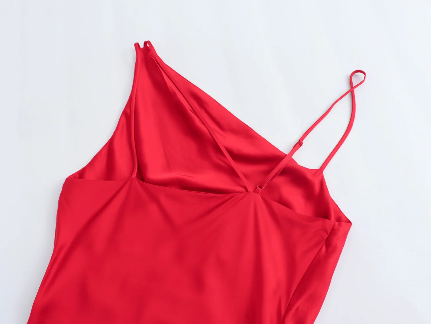Red color asymmetrical design sleeveless silky casual fashion women satin long dress