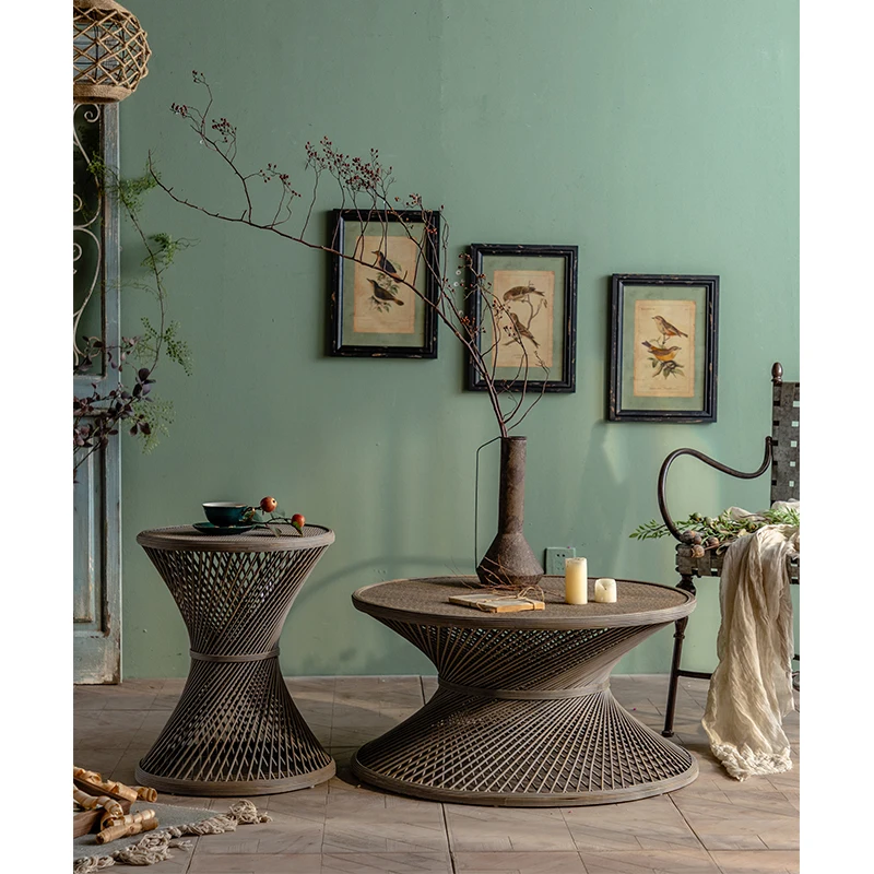 Minimalist Nature Rattan Coffee Table Hand Weave Vintage Rattan Coffee Table Home Interior Decorative Bamboo Wicker Side Table