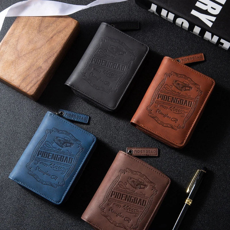 Premium Car Printed Vertical Wallet Embossed Crazy Horse Leather Money Clip Men Purse Separate Card Holder Short Zipper Wallet