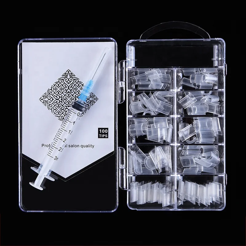 100 Pcs/Box New Nail Design Inject False Nails&1Pc Syringe#C Water Injection Artificial Hollow Nail