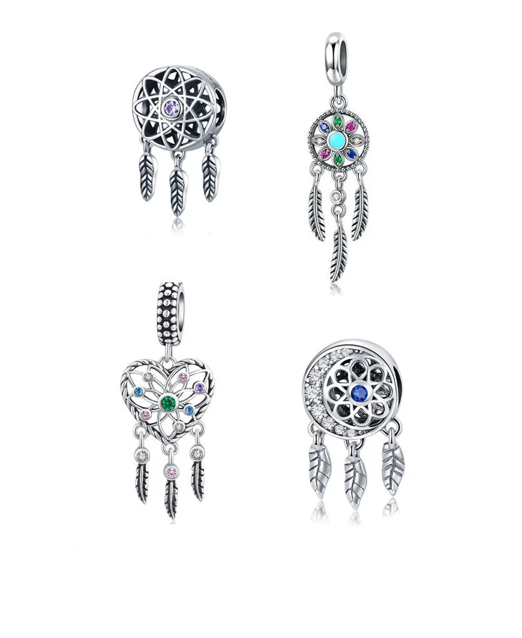 925 Silver Dream Catcher Pendant with Zircon Original Charm for Bracelet DIY