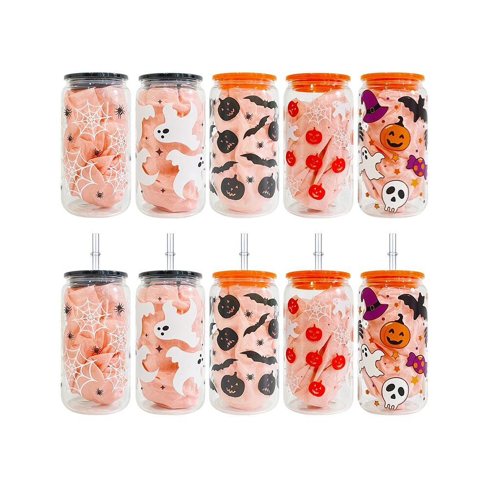 16oz Halloween design 3D touch UV printing beer glass can with plastic lid and clear PP straw Halloween printed glass can