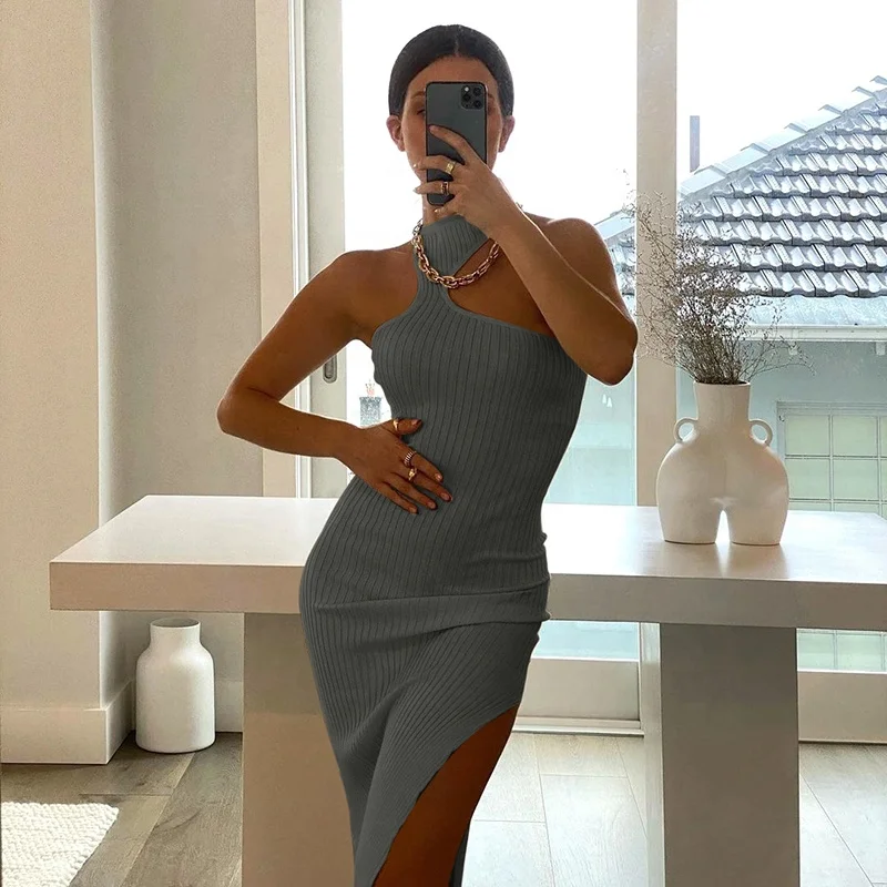 Summer 2021 Knitting Casual Dresses Women Indian Wholesale Bulk Casual Beach Solid Bodycon Slit One Shoulder Halter Midi Dress