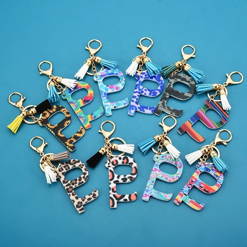 Leopard And Tie Dye Printed Self Defense Keychain Touchless Hands Free Acrylic No Touch Door Opener Keychain with Tassel