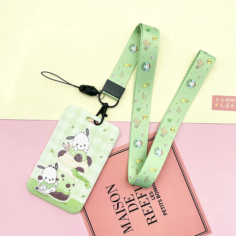 Best Selling Cute Pochacco Cinnamoroll Melody Kuromi Pompom Purin Design Card Holder With Lanyards ID Badge Plastic Card Cover