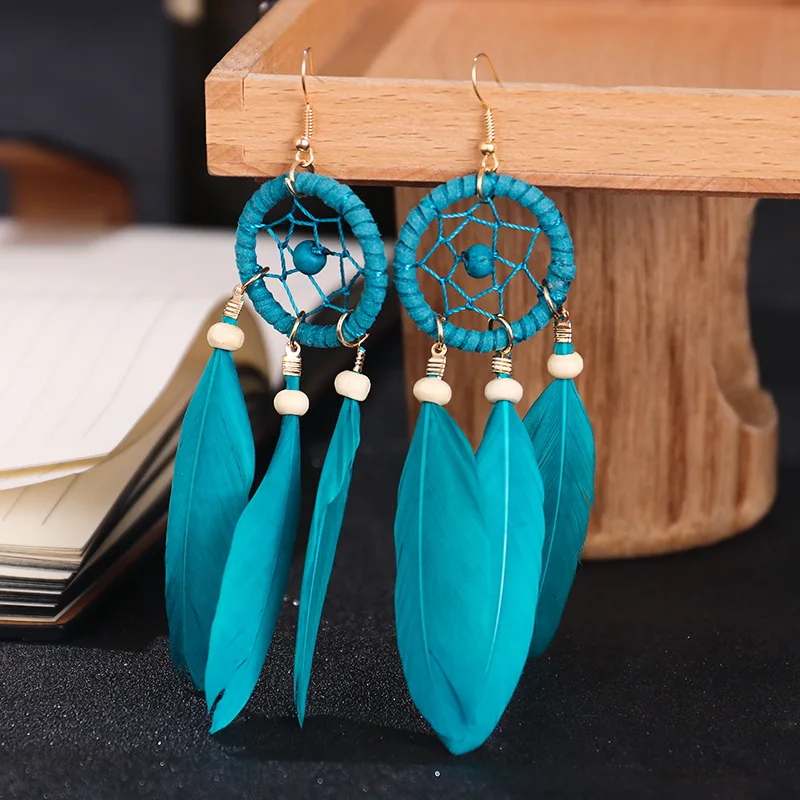 Bohemian Dreamcatcher feather long handmade retro fantasy tassel dream catcher earrings
