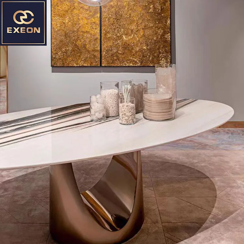 Modern Long Ellipse Oval Home Furniture Dining Room Hotel Villa Stainless Steel Marble Design Metal Dining Table Set