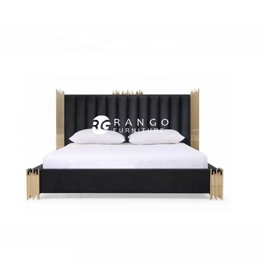 Modern style bedroom furniture large adult black tufted velvet upholstered bed set