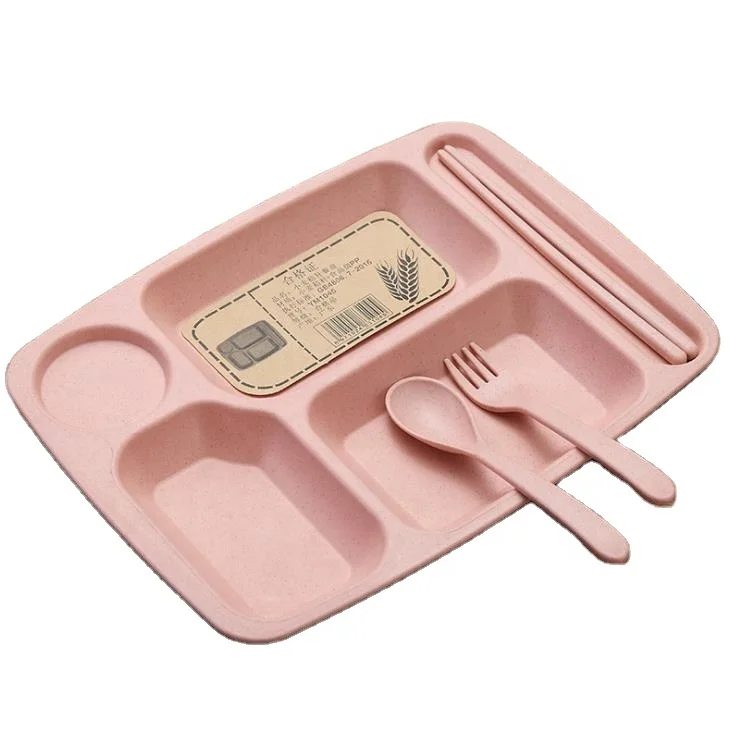
Biodegradable Eco-friendly Wheat Straw Kids Lunch Plate Tray with Flatware Set Plastic 5 Compartments Food Tray 