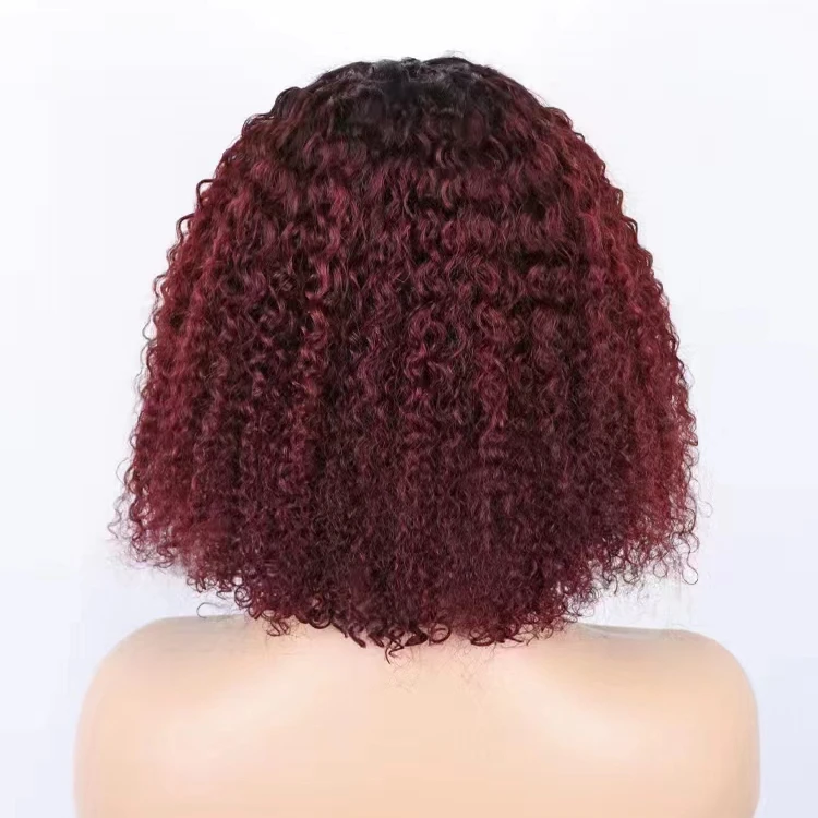 180% density T part lace color wigs 14 inch kinky curly bob wig 100% human hair wigs