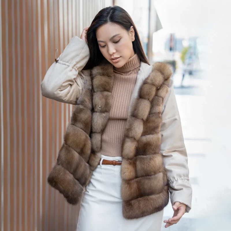 Wholesale Custom Real Russian Sable With Cashmere Classic Natural Color Hooded Short Fur Coat For Women