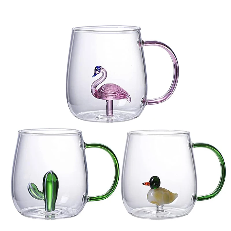 Creative Borosilicate Glass Water Cups With 3D Rose Flower Drinking Glass Mugs Cute Ice Coffee Cup Juice Drinkware With Handle