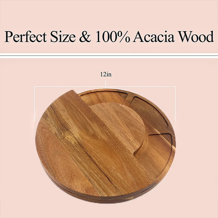 Round Cheese Tool Set Wooden Cheese Board With Cheese Knife And Bowls Server Plate