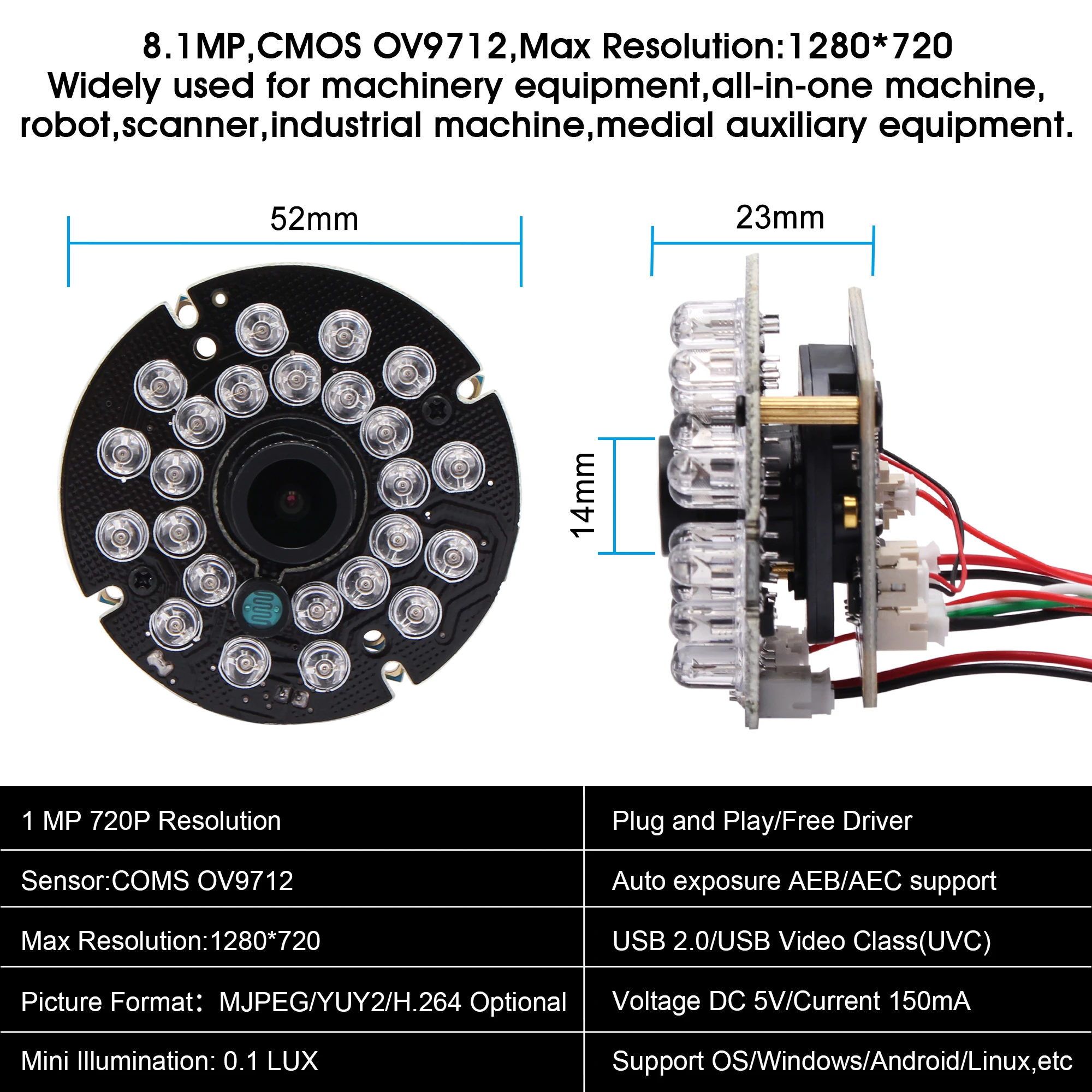 ELP HD 720P 1Megapixel  IR Infrared USB Camera Module with 24PCS IR LEDs for Day and Night Vision ELP-USB100W05MT-RL36