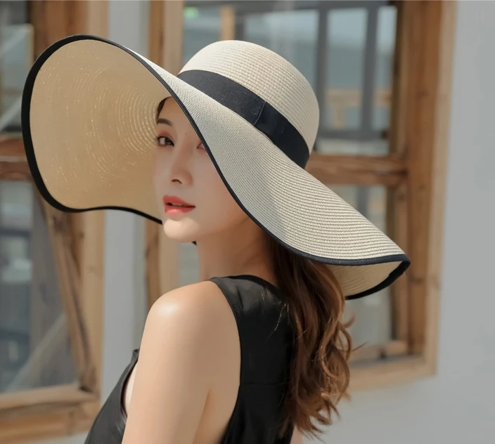 Visor Large Brim Straw Hat Female Summer Sun Protection Sunshade Hat Travel Holiday Beach Women Big Size Floppy Hat